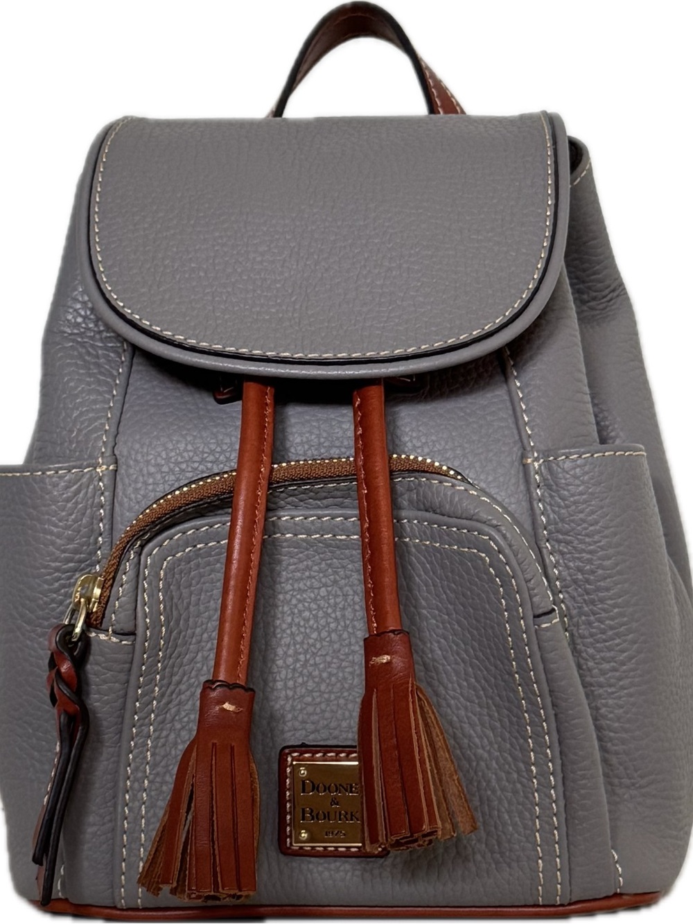 Dooney & Bourke Gray Leather Mini Drawstring Backpack with Brown Tassels